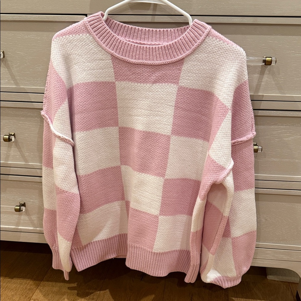 Pink and White Checkered Sweater
